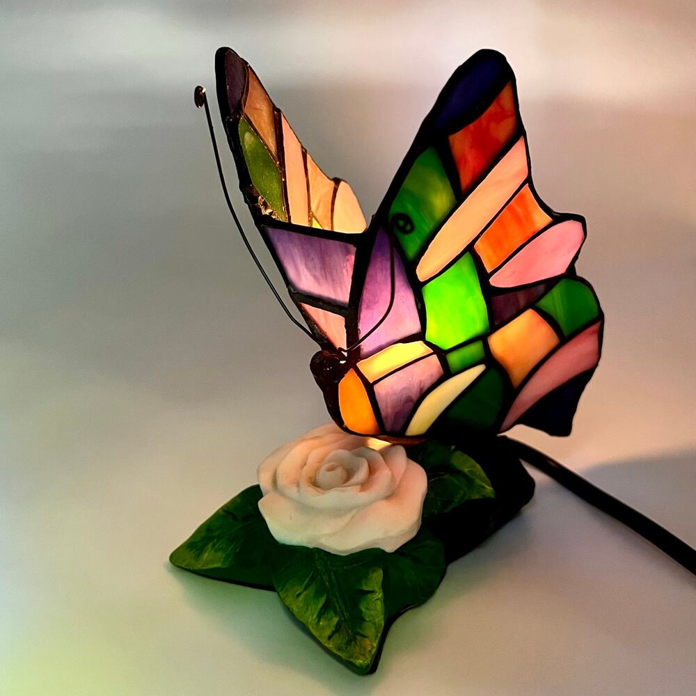 Stained Glass Butterfly Lamp Tiffany Style Rose Base Night Light Whimsical Decor